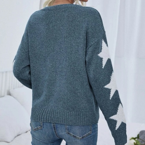 Boho dusty blue stars print sleeve knit sweater top - Picture 3 of 6